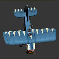 Blue Vintage Biplane Model With White Triangular Patterns And Red Propeller 3d model