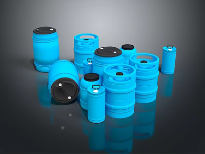 Assorted Collection of Blue Drums with Black Lids in Various Sizes 3d model