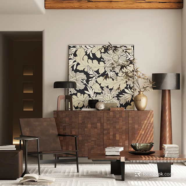 Modern Wooden Chest of Drawers with Paneled Design Decorative Painting Vase and Floor Lamps 3d model 