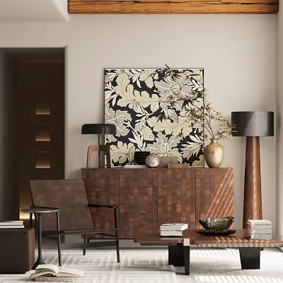 Modern Wooden Chest of Drawers with Paneled Design Decorative Painting Vase and Floor Lamps 3d model