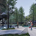 Residential Landscape View From Indoor Large Glass Windows With Trees Pond And Stone Arch Bridge