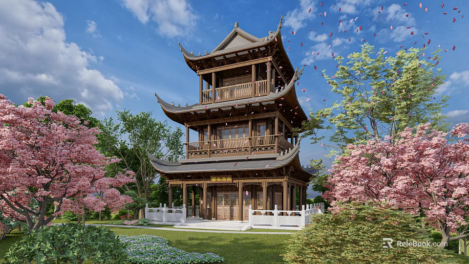 Ancient Chinese Architecture Multi Story Tower With Overhanging Eaves And Pink Flowering Trees 3d model 