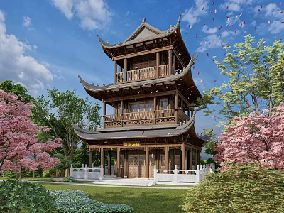 Ancient Chinese Architecture Multi Story Tower With Overhanging Eaves And Pink Flowering Trees 3d model
