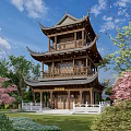 Ancient Chinese Architecture Multi Story Tower With Overhanging Eaves And Pink Flowering Trees