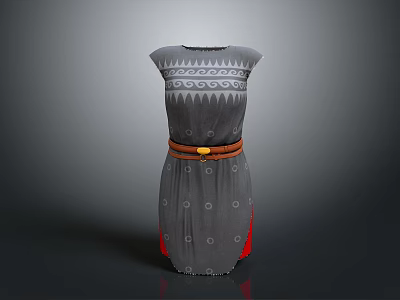 Gray Dress with White Geometric Patterns Brown Belt and Red Hem Accents 3d model
