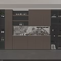 Modern Wooden Wine Cabinet With Glass Shelves Wine Bottles And Wine Glasses