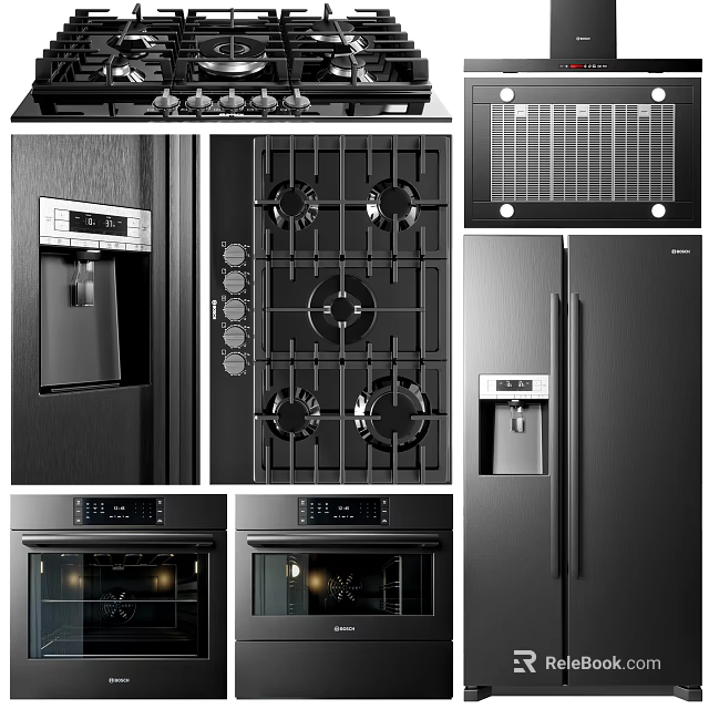 Modern Black Stainless Steel Kitchen Appliances With Gas Stove Refrigerator And Ovens 3d model 