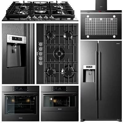 Modern Black Stainless Steel Kitchen Appliances With Gas Stove Refrigerator And Ovens 3d model