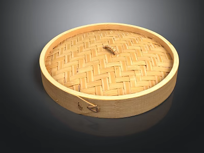 Traditional Round Bamboo Steamer Lid With Woven Pattern Wooden Frame And Metal Clasp 3d model