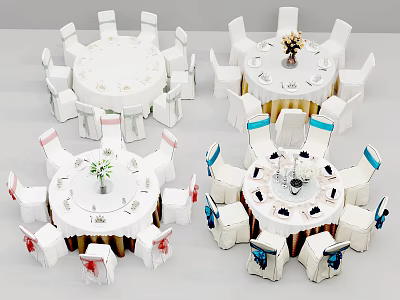 Multiple Round Dining Table Sets With Upholstered Chairs And Decorative Centerpieces 3d model
