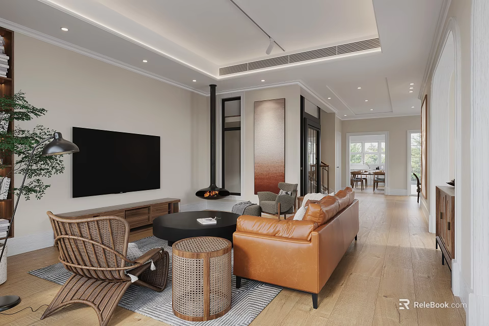 Cozy Modern Open Plan Living And Dining Room With Leather Sofa And Woven Furniture 3d model 
