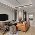 Cozy Modern Open Plan Living And Dining Room With Leather Sofa And Woven Furniture
