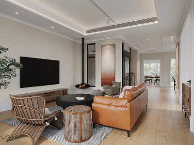 Cozy Modern Open Plan Living And Dining Room With Leather Sofa And Woven Furniture 3d model