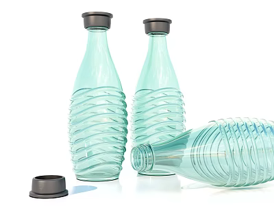 Light Green Glass Bottles With Twisted Spiral Design And Black Caps Two Standing One Fallen 3d model