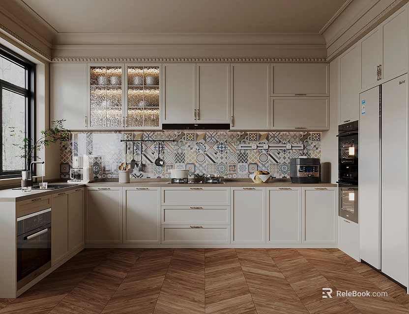 Elegant Modern Kitchen Interior Featuring White Cabinets Tiled Backsplash Herringbone Flooring And Appliances 3d model