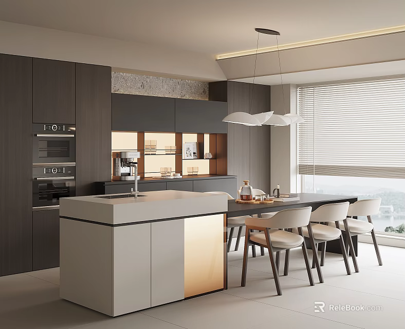 Modern Restaurant Interior With Open Kitchen Dark Gray Cabinets White Island And Gold Accents 3d model 