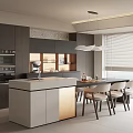 Modern Restaurant Interior With Open Kitchen Dark Gray Cabinets White Island And Gold Accents