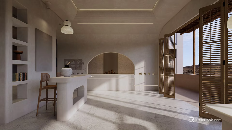 Modern Café Interior Design With Open Bar Counter Natural Light And Minimalist Seats 3d model 