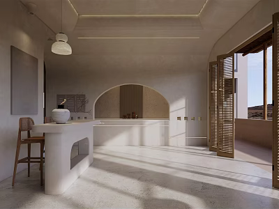 Modern Café Interior Design With Open Bar Counter Natural Light And Minimalist Seats 3d model