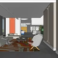 Modern Open Dining and Living Room with Colorful Rug Sofa and Green Cabinetry