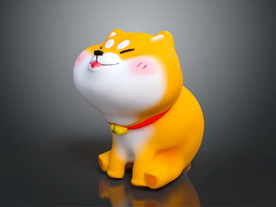 Cute Shiba Inu Plush Toy Yellow White Red Collar Happy Closed Eyes Blush Cheeks Bell 3d model