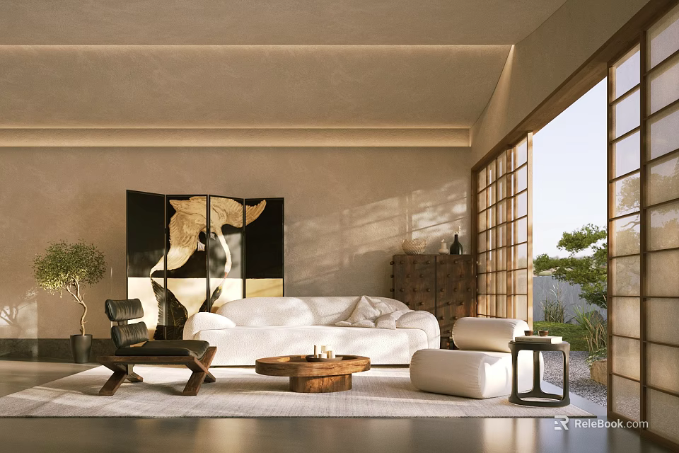 Japanese Style Living Room with White Sofa Wooden Coffee Table Screen Sliding Doors Natural Light 3d model 