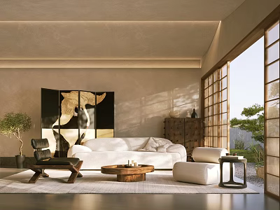 Japanese Style Living Room with White Sofa Wooden Coffee Table Screen Sliding Doors Natural Light 3d model