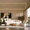 Japanese Style Living Room with White Sofa Wooden Coffee Table Screen Sliding Doors Natural Light