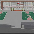 School Building Campus With Outdoor Basketball Courts Green Plants And Red Flag