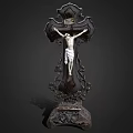 Decorative Ornament Set With Cross Crucifix Figure And Intricate Carved Base