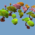 Colorful Decorative Trees With Vibrant Green Pink Orange Foliage And Brown Trunks