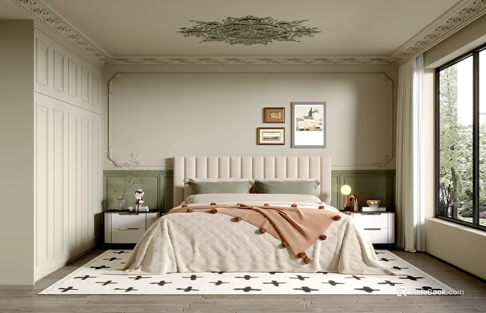 Elegant Classic Bedroom Interior Design With Upholstered Headboard Nightstands Decorative Ceiling Rug And Wall Art 3d model 
