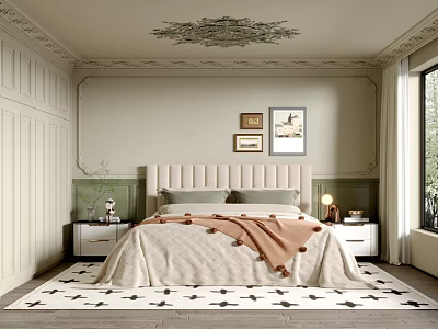 Elegant Classic Bedroom Interior Design With Upholstered Headboard Nightstands Decorative Ceiling Rug And Wall Art 3d model