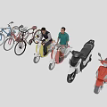 Colorful Motorcycles And Bicycles With Two People Standing In The Middle