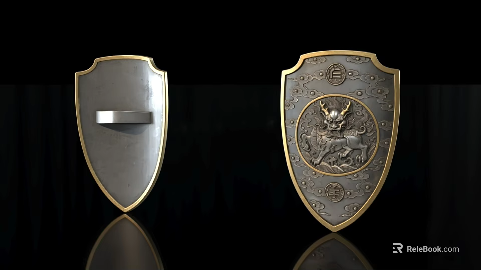 Two Traditional Shields With Golden Border Carved Mythical Beast And Decorative Patterns 3d model 