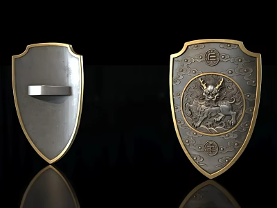 Two Traditional Shields With Golden Border Carved Mythical Beast And Decorative Patterns 3d model