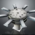 Industrial Equipment Featuring Circular Top Multiple Holes And Elongated Arms On White Base