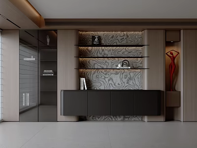 Modern Minimalist Wooden Bookcase In Living Room With Glass Doors And Decorative Items 3d model