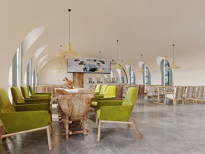 Spacious Interior Space With Arched Windows Green Chairs Wooden Tables Pendant Lights And Large Screen 3d model