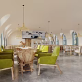 Spacious Interior Space With Arched Windows Green Chairs Wooden Tables Pendant Lights And Large Screen