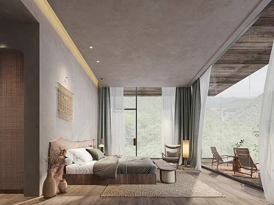 Hotel Guest Room With Modern Design Large Windows Mountain View Natural Light And Wooden Floor 3d model