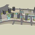 Modern Commercial Complex Featuring Glass Curtain Walls Surrounding High Rise Buildings and Lush Greenery
