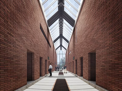 Cultural Center Corridor With Red Brick Walls And Glass Roof 3d model