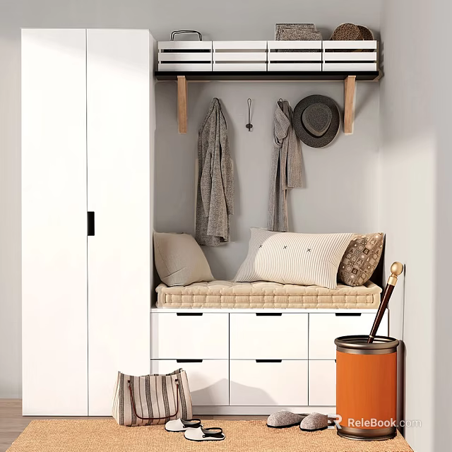 Modern Shoe Cabinet with Bench Cushions Clothing Hooks and Storage Drawers 3d model 