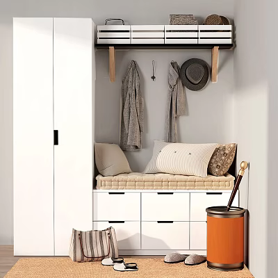 Modern Shoe Cabinet with Bench Cushions Clothing Hooks and Storage Drawers 3d model