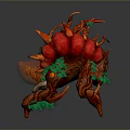 Fantasy Creature 3D Model With Red Floral Structure Brown Roots And Green Leaves Design