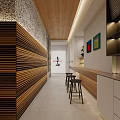 Japanese Restaurant Interior With Bar Counter Stools Food Display And Wooden Lighting