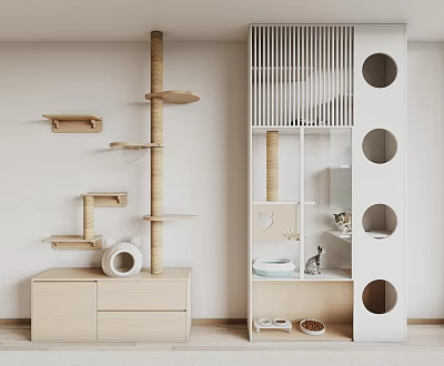 Cat Furniture Set With Light Colored Tree Shelves Circular Holes Bed And Supplies 3d model