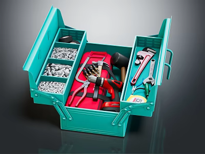 Green Toolbox Organizer with Various Hardware Tools Including Hammer Wrench Pliers Screws and Tape Measure 3d model