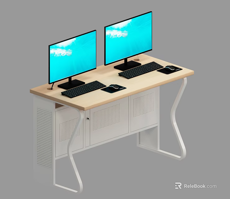Modern Office Desk With Light Wooden Top Two Monitors Blue Screens And White Legs 3d model 